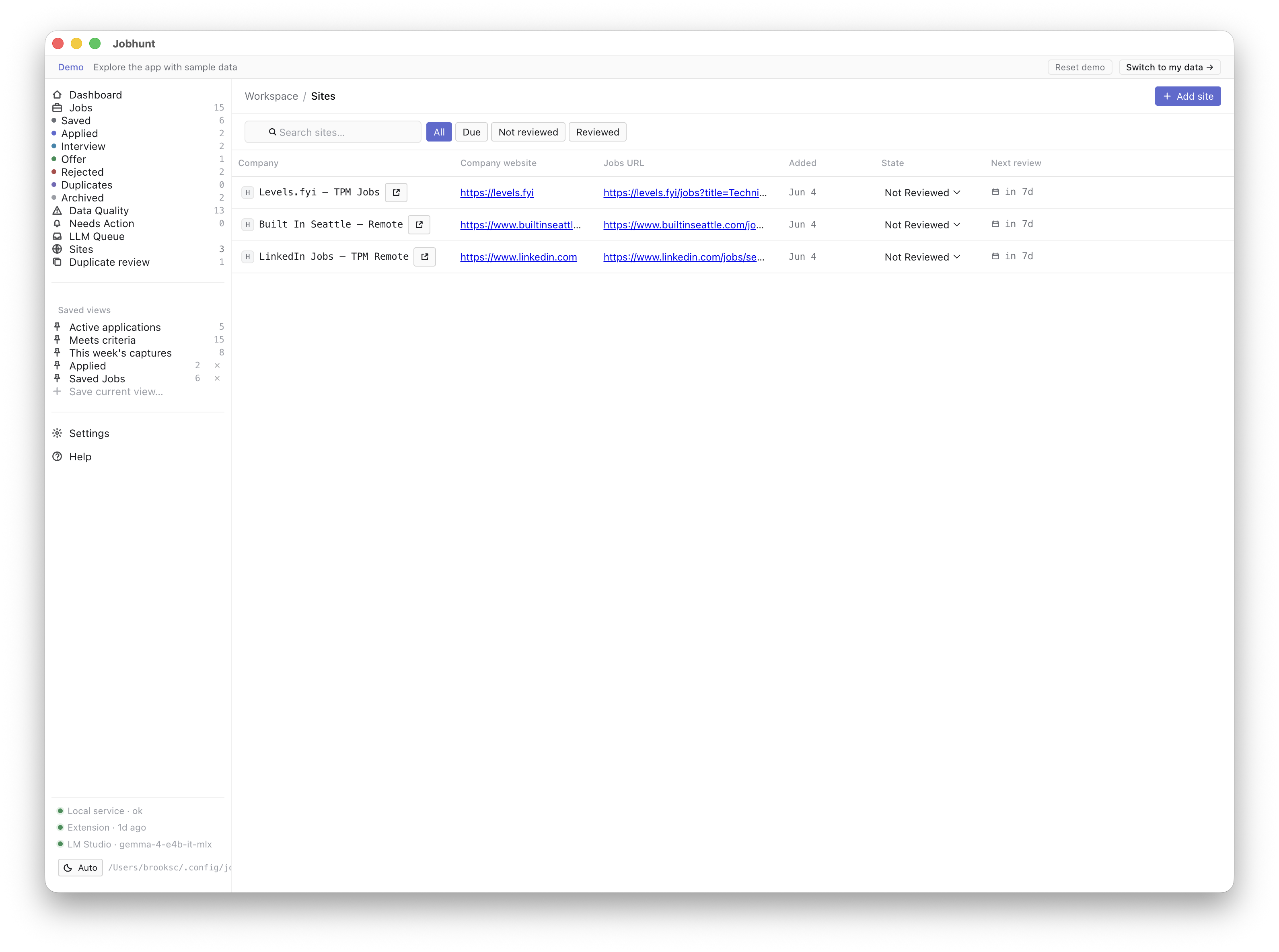Sites tracking screen